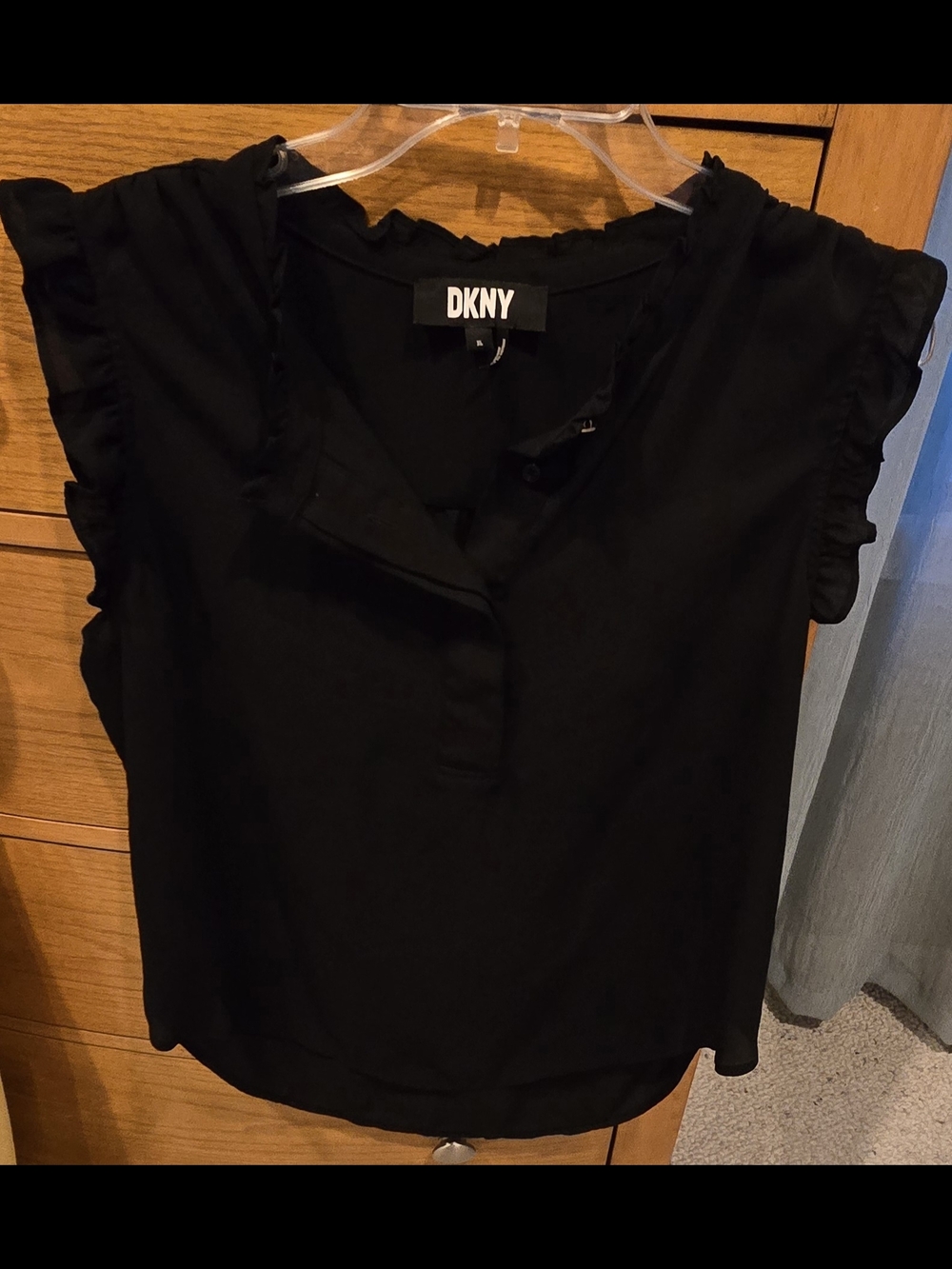 NWOT, DKNY Black Ruffle Sleeve Blouse, Women's XL